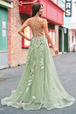 Green A line Spaghetti Straps Tulle Floral Corset Long Prom Dress With Slit