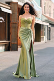 Sparkly Army Green Mermaid Ruched Corset Long Prom Dress with Slit