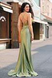Sparkly Army Green Mermaid Ruched Corset Long Prom Dress with Slit