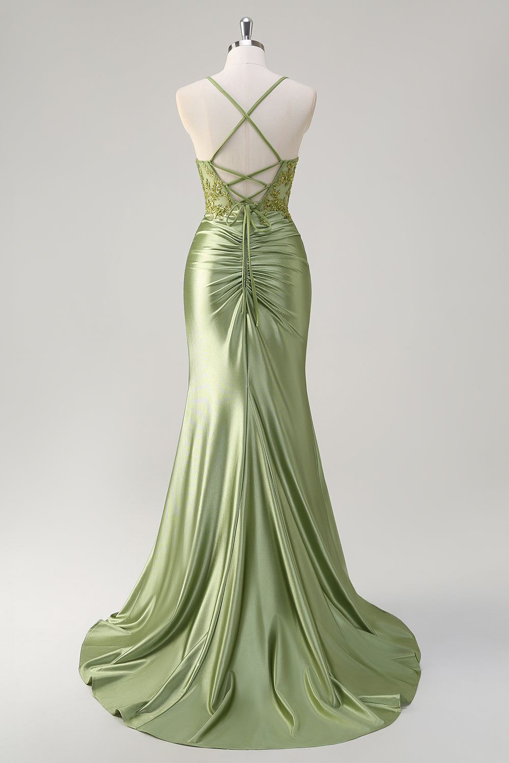 Sparkly Army Green Mermaid Ruched Corset Long Prom Dress with Slit