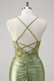 Sparkly Army Green Mermaid Ruched Corset Long Prom Dress with Slit