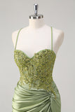 Sparkly Army Green Mermaid Ruched Corset Long Prom Dress with Slit