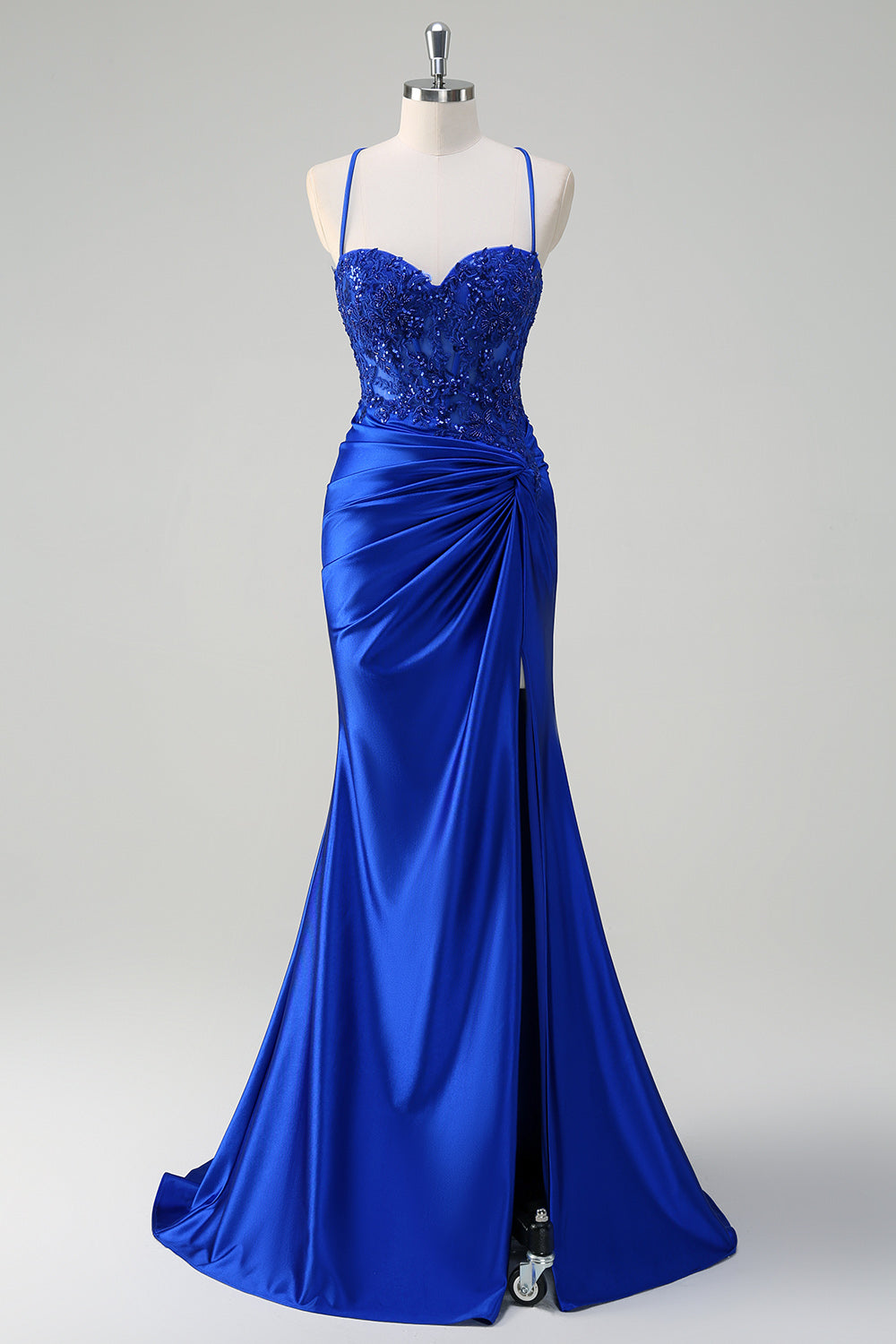 Royal Blue Mermaid Spaghetti Straps Ruched Appliqued Prom Dress with Slit