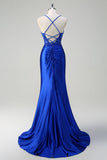 Royal Blue Mermaid Spaghetti Straps Ruched Appliqued Prom Dress with Slit