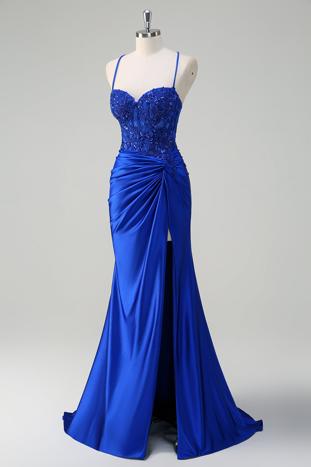 Royal Blue Mermaid Spaghetti Straps Ruched Appliqued Prom Dress with Slit