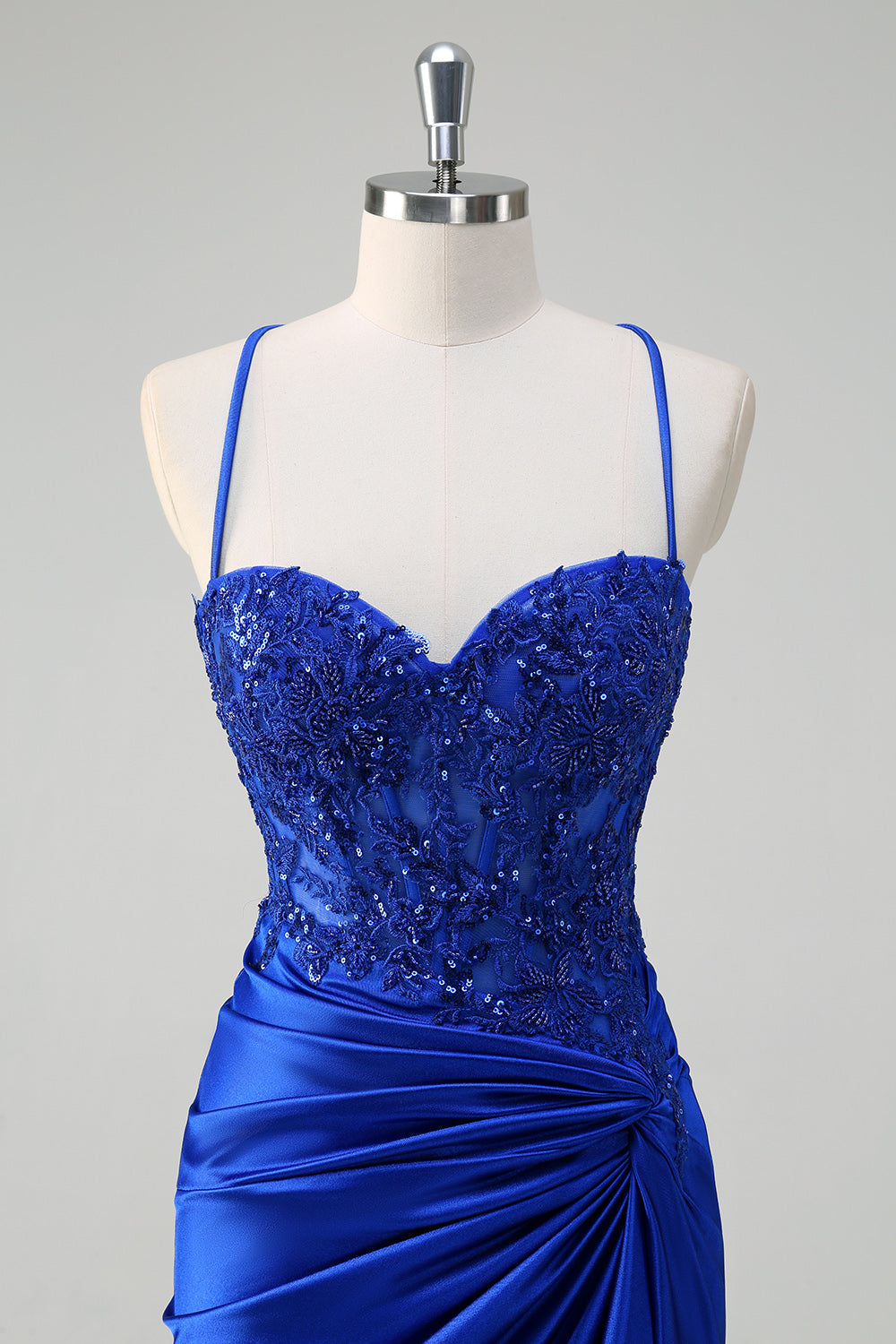 Royal Blue Mermaid Spaghetti Straps Ruched Appliqued Prom Dress with Slit