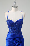 Royal Blue Mermaid Spaghetti Straps Ruched Appliqued Prom Dress with Slit