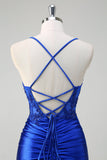 Royal Blue Mermaid Spaghetti Straps Ruched Appliqued Prom Dress with Slit