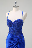 Royal Blue Mermaid Spaghetti Straps Ruched Appliqued Prom Dress with Slit