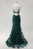 Sparkly Dark Green Mermaid Corset Tulle Sequin Long Prom Dress