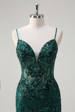 Sparkly Dark Green Mermaid Corset Tulle Sequin Long Prom Dress