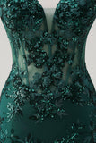 Sparkly Dark Green Mermaid Corset Tulle Sequin Long Prom Dress