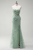 Mermaid Sweetheart Floral Appliqued Long Sage Prom Dress with Slit