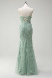 Mermaid Sweetheart Floral Appliqued Long Sage Prom Dress with Slit