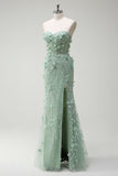 Mermaid Sweetheart Floral Appliqued Long Sage Prom Dress with Slit