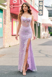 Sparkly Lilac Spaghetti Straps Mermaid Corset Sequin Prom Dress with Slit