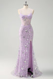 Sparkly Lilac Spaghetti Straps Mermaid Corset Sequin Prom Dress with Slit