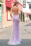 Sparkly Lilac Spaghetti Straps Mermaid Corset Sequin Prom Dress with Slit