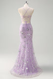 Sparkly Lilac Spaghetti Straps Mermaid Corset Sequin Prom Dress with Slit