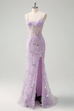 Sparkly Lilac Spaghetti Straps Mermaid Corset Sequin Prom Dress with Slit