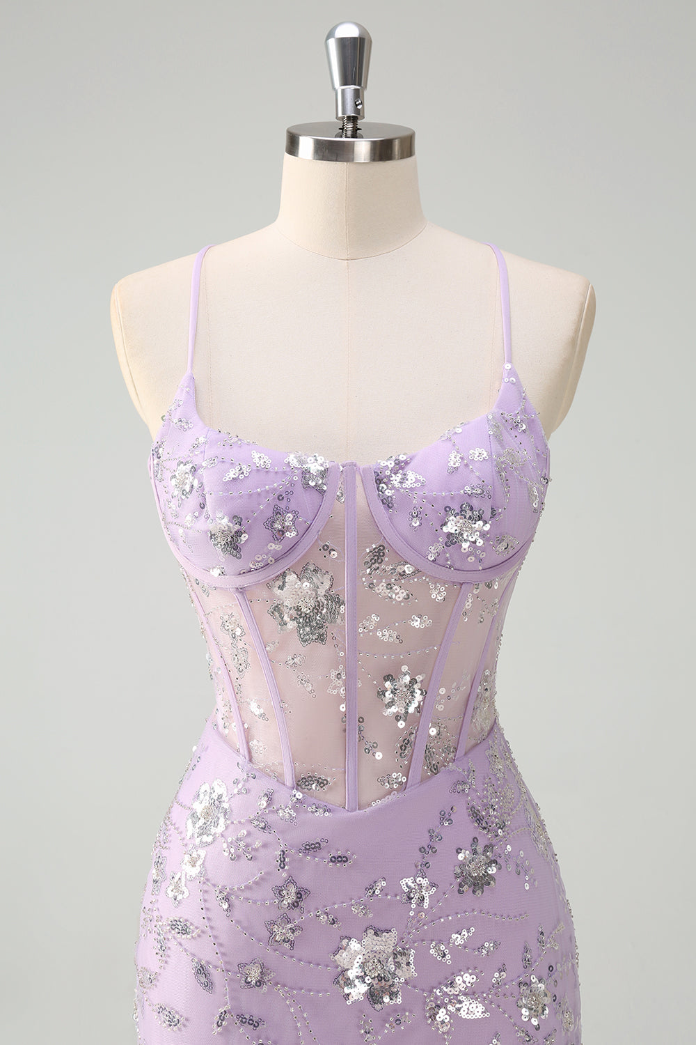 Sparkly Lilac Spaghetti Straps Mermaid Corset Sequin Prom Dress with Slit