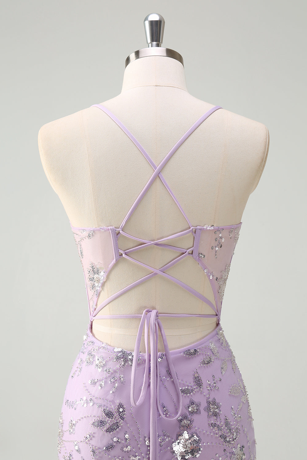 Sparkly Lilac Spaghetti Straps Mermaid Corset Sequin Prom Dress with Slit