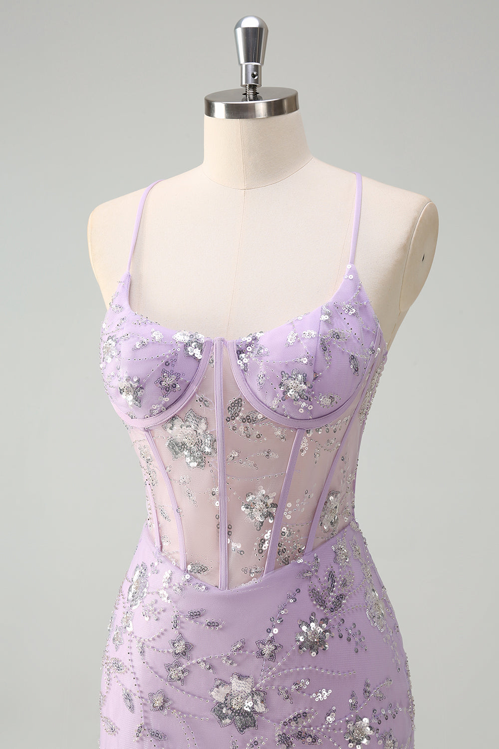 Sparkly Lilac Spaghetti Straps Mermaid Corset Sequin Prom Dress with Slit