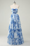 White Blue Flower A Line Strapless Tiered Tulle Long Prom Dress with Bows