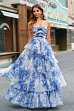 White Blue Flower A Line Strapless Tiered Tulle Long Prom Dress with Bows