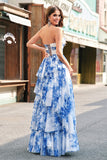 White Blue Flower A Line Strapless Tiered Tulle Long Prom Dress with Bows