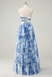 White Blue Flower A Line Strapless Tiered Tulle Long Prom Dress with Bows