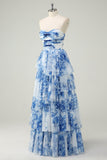 White Blue Flower A Line Strapless Tiered Tulle Long Prom Dress with Bows