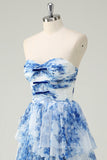 White Blue Flower A Line Strapless Tiered Tulle Long Prom Dress with Bows