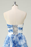 White Blue Flower A Line Strapless Tiered Tulle Long Prom Dress with Bows