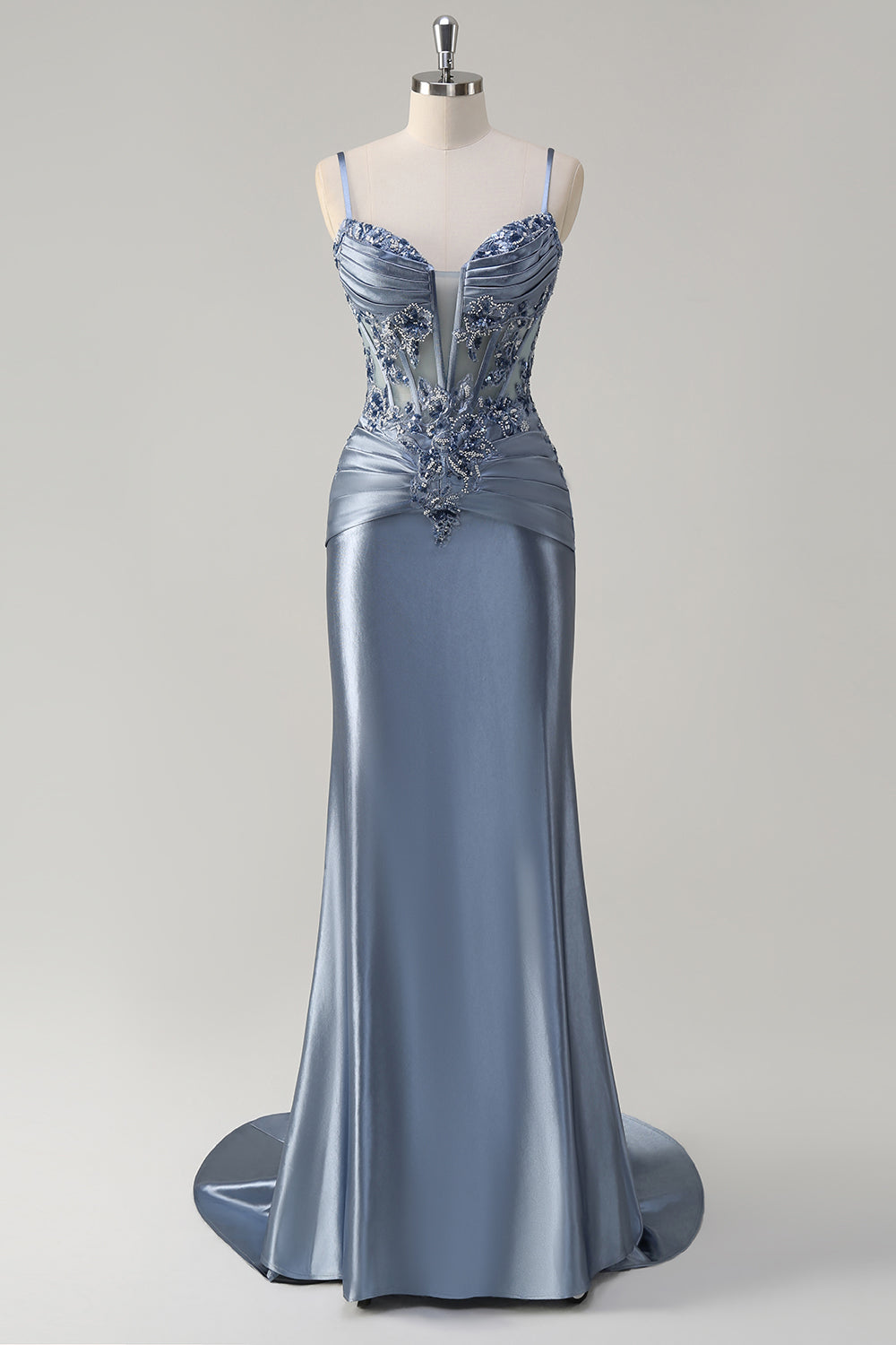 Grey Blue Corset Appliqued Mermaid Long Prom Dress