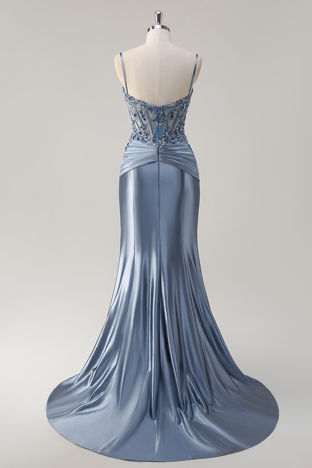 Grey Blue Corset Appliqued Mermaid Long Prom Dress