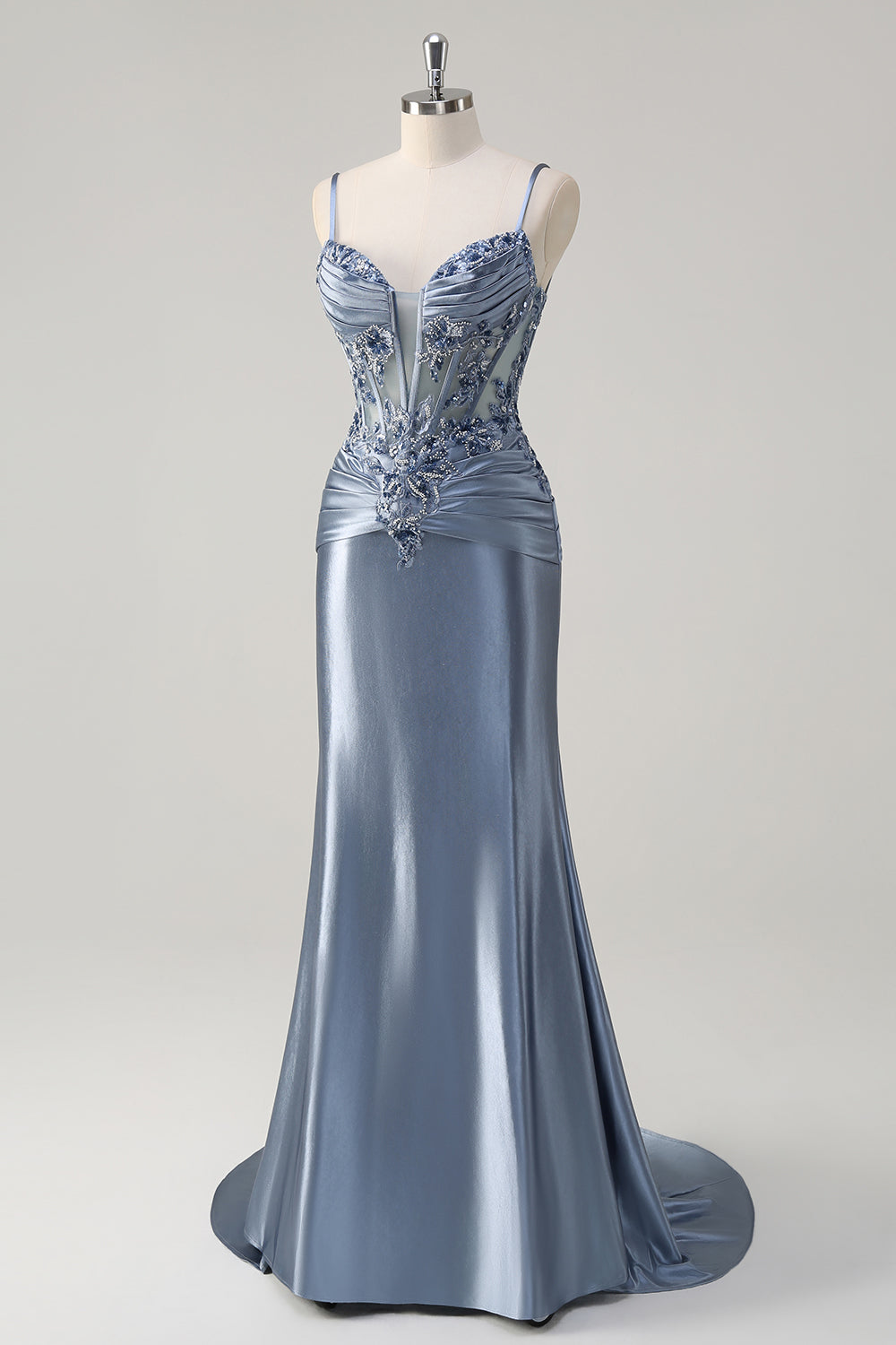 Grey Blue Corset Appliqued Mermaid Long Prom Dress