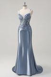 Grey Blue Corset Appliqued Mermaid Long Prom Dress