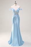 Sky Blue Mermaid Off The Shoulder Corset Long Prom Dress with 3D Flowers