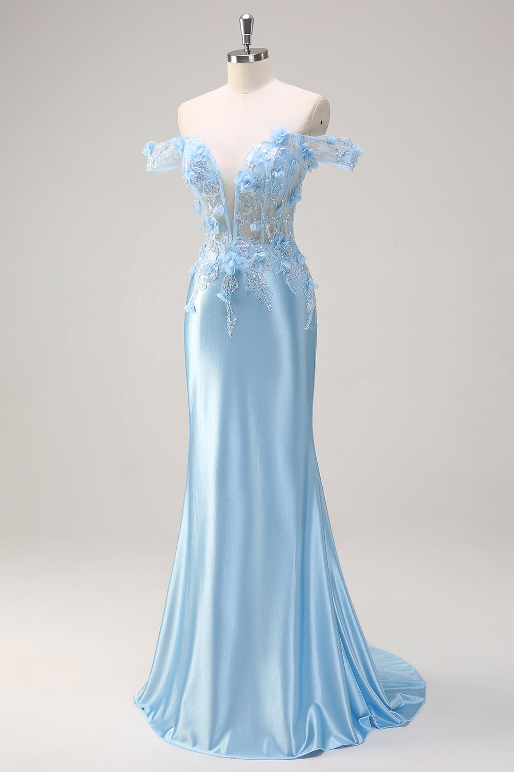 Sky Blue Mermaid Off The Shoulder Corset Long Prom Dress with 3D Flowers