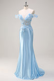Sky Blue Mermaid Off The Shoulder Corset Long Prom Dress with 3D Flowers