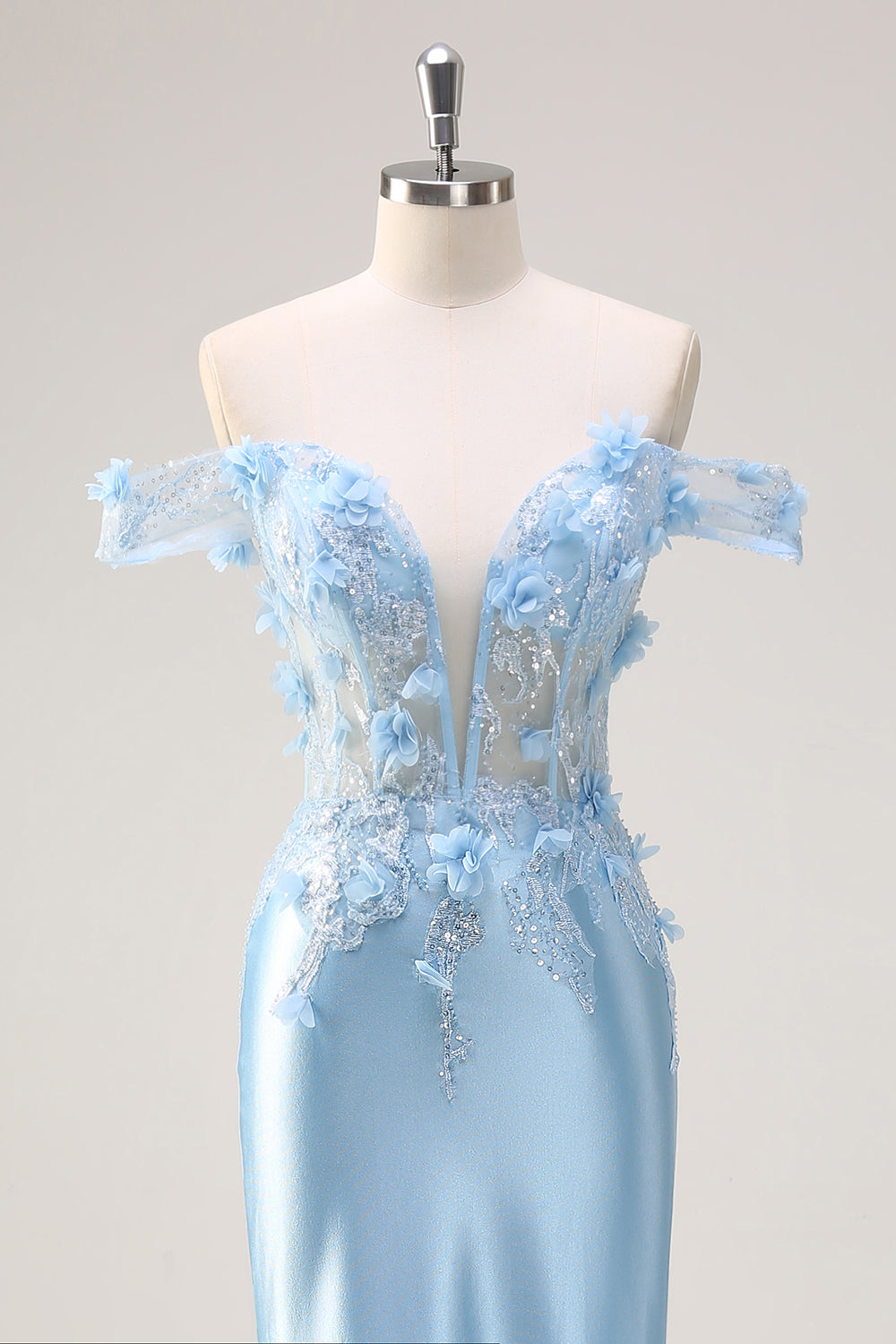 Sky Blue Mermaid Off The Shoulder Corset Long Prom Dress with 3D Flowers