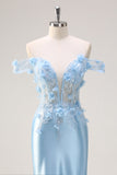 Sky Blue Mermaid Off The Shoulder Corset Long Prom Dress with 3D Flowers