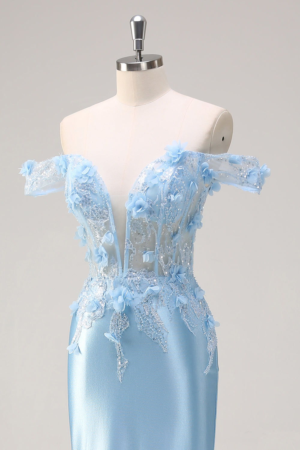 Sky Blue Mermaid Off The Shoulder Corset Long Prom Dress with 3D Flowers