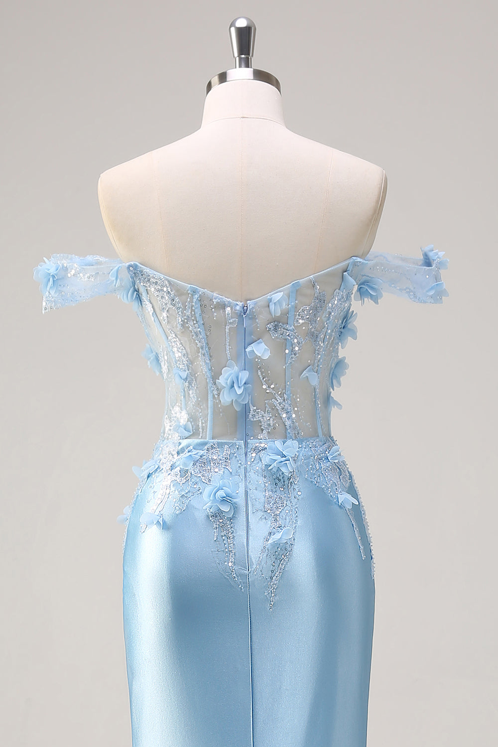 Sky Blue Mermaid Off The Shoulder Corset Long Prom Dress with 3D Flowers