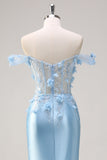 Sky Blue Mermaid Off The Shoulder Corset Long Prom Dress with 3D Flowers