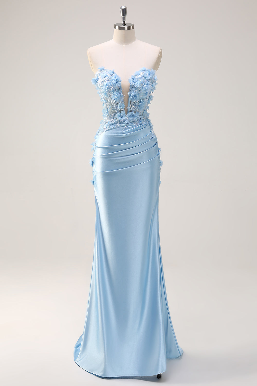 Sky Blue Mermaid Strapless Sequin Long Prom Dress With Appliques