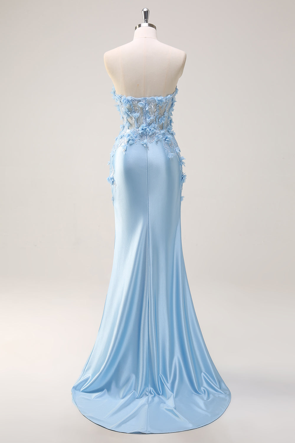 Sky Blue Mermaid Strapless Sequin Long Prom Dress With Appliques