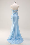 Sky Blue Mermaid Strapless Sequin Long Prom Dress With Appliques