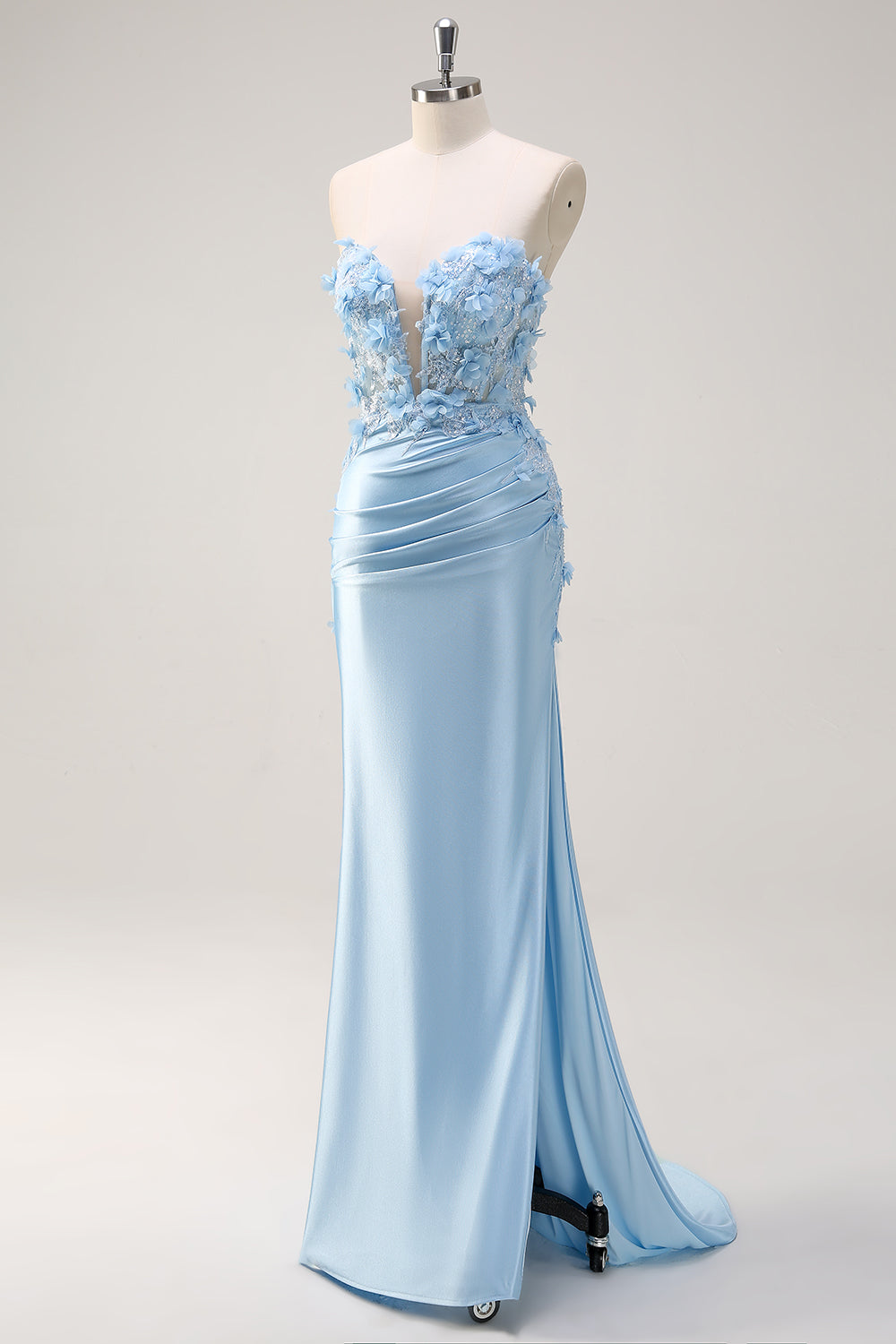 Sky Blue Mermaid Strapless Sequin Long Prom Dress With Appliques